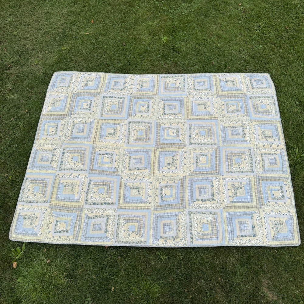 Vintage Handmade Quilt 84x64 Blue Log Cabin Patchwork Floral Cottagecore